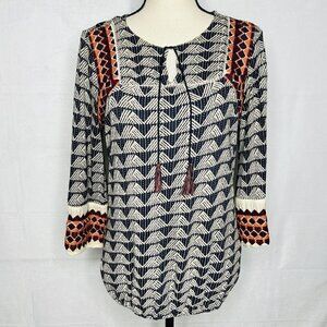 Lucky Brand Geometric Embroidered 3/4 Sleeve Tunic with Tassels Sz S